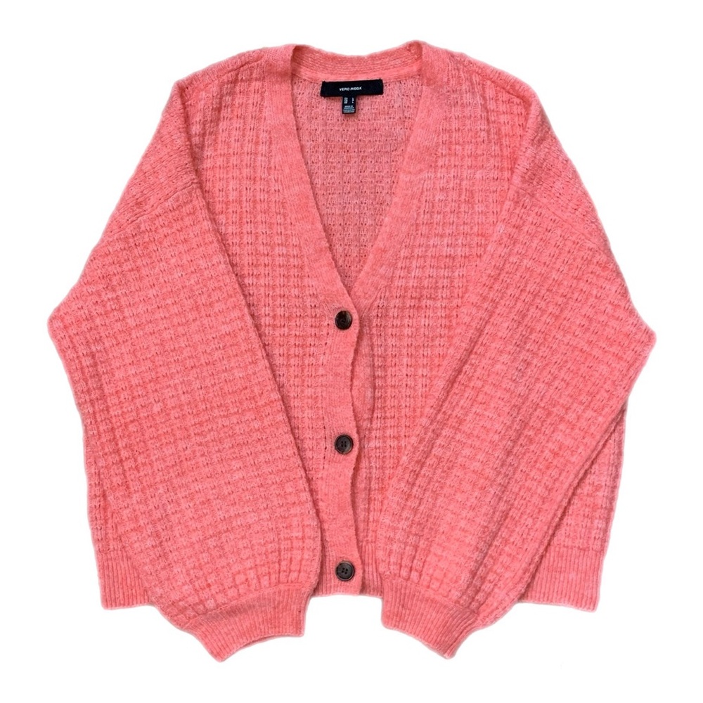 Vero Moda L Coral Pink Textured Waffle Knit Cardigan - Large
